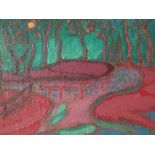 (XX). Moonlit wooded river landscape, indistinctly signed upper left, oil on board, framed, 42 x