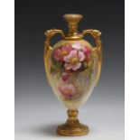 A ROYAL WORCESTER ROSES TWIN HANDLED VASE, signed Sedgley, H 24 cmCondition Report:wear to gilding