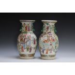 A PAIR OF GOOD SIZED CHINESE BALUSTER VASES, with pastoral village and paddy field scene and applied