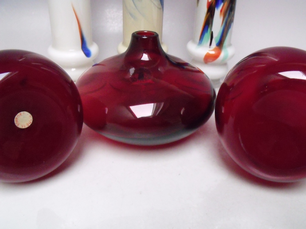 A COLLECTION OF SIX STUDIO ART GLASS VASES, to include two Swedish ruby glass examples. three - Image 3 of 3
