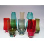A GROUP OF EIGHT MAINLY FINNISH RIIHIMAKI STUDIO / ART GLASS VASES, varying shapes and colours, to
