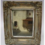 (XIX). Dutch school, street scene wit figure looking out of a window, unsigned, oil on copper,