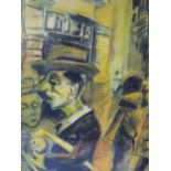 (XX). Modernist street scene with figures, indistinctly signed lower right, mixed media on paper,