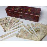 TWO ANTIQUE CARVED BONE / IVORY BRISE FANS FOR RESTORATION, together with a selection of abalone