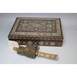AN EASTERN INLAID RECTANGULAR BOX, W 29.5 cm, together with an Eastern prayer bell (2)
