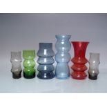 A COLLECTION OF SIX HOOPED STUDIO / ART GLASS VASES, varying styles and colours, makers possibly
