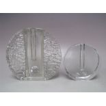 A TEXTURED GLASS 'WHEEL' SOLIFLEUR STEM VASE BY WALTHER GLASS, H 14 cm, together with a similar