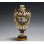 A SMALL ROYAL WORCESTER HARRY DAVIS SIGNED HAND PAINTED URN, featuring a Greco Roman scene, H 17.5
