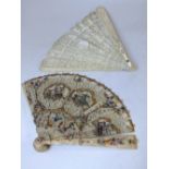 AN ANTIQUE CARVED BONE / IVORY BRISE FAN FOR RESTORATION, extensive embellishment throughout, L 19