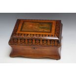 A PENWORK WORKBOX WITH PAINTED TOP, W 26 cm