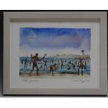 PHIL GEORGE (b.1960). Beach scene with numerous figures, signed in pencil lower left, watercolour,