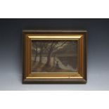 A WOODED RIVER SCENE WITH TWO YOUNG LADIES, indistinctly signed and dated lower left, oil on