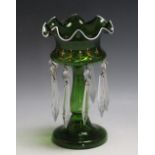 A SMALL GREEN GLASS LUSTRE, H 21 cm