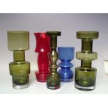A GROUP OF FIVE MAINLY FINNISH RIIHIMAKI STUDIO / ART GLASS VASES, varying shapes and colours, to