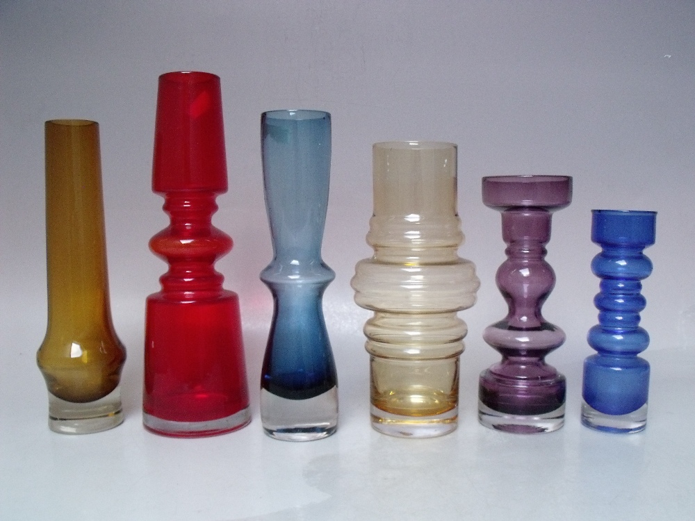 A GROUP OF SIX MAINLY FINNISH RIIHIMAKI STUDIO / ART GLASS VASES, varying shapes and colours, to - Image 2 of 3