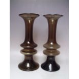 A PAIR OF TALL SWEDISH RIIHIMAKI STYLE SMOKE GLASS HOOPED VASES, H 34 cm (2)