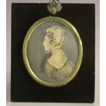 (XIX). Oval portrait miniature of Mrs Avaro, see verso, unsigned, watercolour on paper, framed and