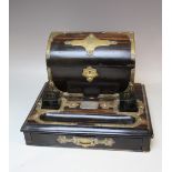 A 19TH CENTURY COROMANDEL STATIONARY DESK STAND WITH BRASS MOUNTS, the hinged lid compartment
