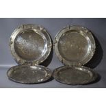 FOUR VINTAGE SILVER PLATED CIRCULAR CEREMONIAL PLATES, having the Marquis of Londonderry crest, Dia.
