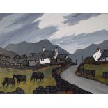 DAVID BARNES (XX-XXI). Welsh school, impressionist mountainous landscape with cottages and cattle by