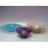 A BLUE CLOUDY MOTTLED GLASS POSY BOWL BY NAZEING GLASS, Dia. 30 cm, together with a decorative