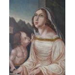 (XVII-XVIII). Continental school, study of a female Saint with a winged cherub, mountainous