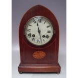 A VICTORIAN MAHOGANY ARCHED MANTLE CLOCK, having inlaid satinwood detail to the case, H 28.5 cm