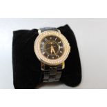 AN ANDRE BELFORT JEWEL ENCRUSTED WRISTWATCH, with black metallic bracelet, no box