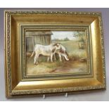 A HAND PAINTED CERAMIC PLAQUE BY JAMES SKERRETT, depicting cattle before a barn, landscape on the