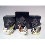 THREE BOXED ROYAL CROWN DERBY BIRDS PAPERWEIGHTS, comprising 'Bluetit', 'Firecrest' and 'Crested