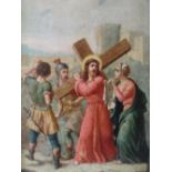 (XIX). Study of one of the Stations of the Cross. wooden frame with carving to the top, unsigned,