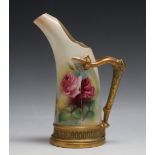 A ROYAL WORCESTER ROSES JUG, with naturalistic gilded handle, H 19.5 cm