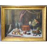 (XIX-XX). Still life study of various items on a marble table to include fruit, poultry and wine