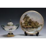 A ROYAL WORCESTER TWIN HANDLED POT POURRI URN, W 16 cm, together with a hand painted davenport