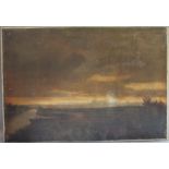 (XIX). Stormy twilight fenland scene with moored boat, unsigned, oil on canvas (re-lined), unframed,
