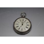 A SILVER HALLMARKED OPEN FACED CHRONOGRAPH POCKET WATCH - CHESTER 1889. Dia 6 cm