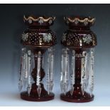 A PAIR OF RUBY GLASS LUSTRES, H 36.5 cm