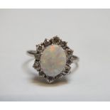 A HALLMARKED 18 CT WHITE GOLD OPAL AND DIAMOND RING, approx weight 3.3g, ring size M