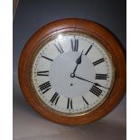 A 19TH CENTURY OAK CASED CIRCULAR WALLCLOCK, the enamel face with Roman numerals, Dia. 48 cm