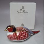 A ROYAL CROWN DERBY 'PHEASANT' PAPERWEIGHT, gold stopper, boxed
