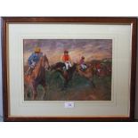 RONALD OLLEY (b.1900). Impressionist horse racing scene 'The Last Fence', see verso, signed lower