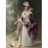 THOMAS BROOKS (1818-1891). Garden scene with elegant young woman feeding pigeons, 'The Pets' see