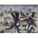 FAT BOY (XX). English school, impressionist beach scene with figures, signed lower right, mixed