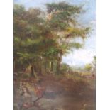 (XVIII-XIX). British school, rural wooded landscape with cottage and figure playing a stringed