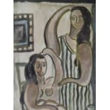 F.L. Modernist interior scene with two women, one semi-nude, signed with initials and dated 1929