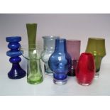 A GROUP OF EIGHT MAINLY FINNISH RIIHIMAKI STUDIO / ART GLASS VASES, varying shapes and colours, to
