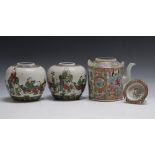 FOUR PIECES OF ORIENTAL CHINA, consisting of a pair of ginger jars - missing lids, a famille rose