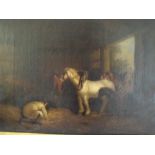 (XIX). English school, stable interior with horses and figures, unsigned, oil on canvas, framed,