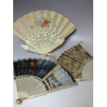 THREE ANTIQUE BONE / IVORY HANDPAINTED FOLDING FAN FOR RESTORATION, to include one with painted