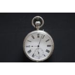 A SILVER OPEN FACED MANUAL WIND POCKET WATCH, Dia 5.25 cm